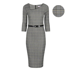Black & White Check Tartan Vintage Belted 3/4 Sleeve Pencil Dress - Pretty Kitty Fashion