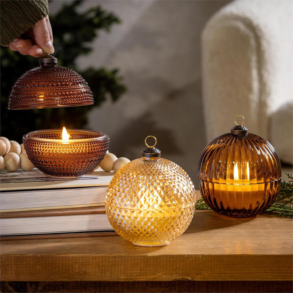 Woodland Storybook LED Table Décor Glass Round Candle with Flickering Flame, 5"H, Asst of 3