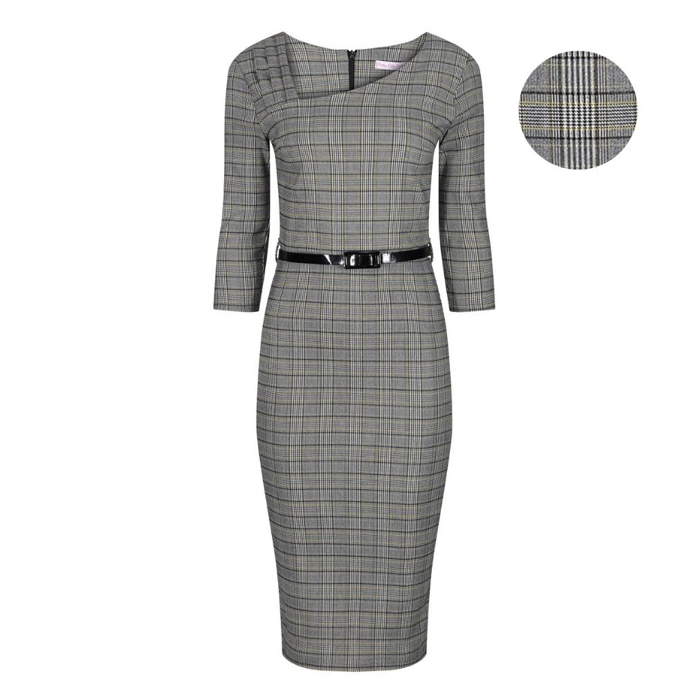 Black & White Check Tartan Vintage Belted 3/4 Sleeve Pencil Dress - Pretty Kitty Fashion